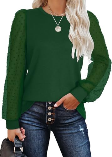 Sheer swiss dot sleeves bring texture to this rich green long sleeve top, knit from our soft everyday stretch blend.