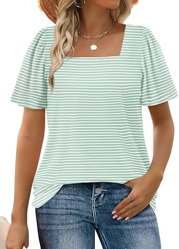 Crisp aqua stripes pair with a square neckline and gathered puff sleeves in this lightweight summer top.