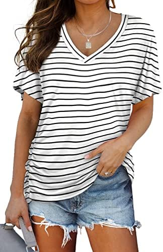Horizontal black stripes give this soft V-neck tee crisp definition, finished with subtle side shirring at the waist.