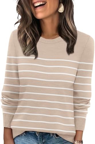 Warm apricot stripes against soft white bring a mellow tone to this ribbed crewneck sweater, cut loose for easy layering.
