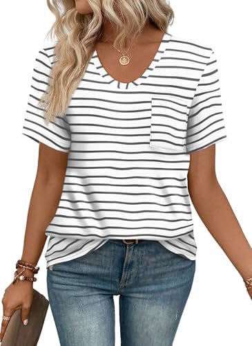 Muted gray stripes run across a soft summer knit, cut loose through the body with a single chest pocket for easy beach days.