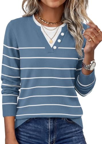 Crisp blue stripes meet a contrast collar and decorative button placket in a lightweight, breathable knit for cool days.