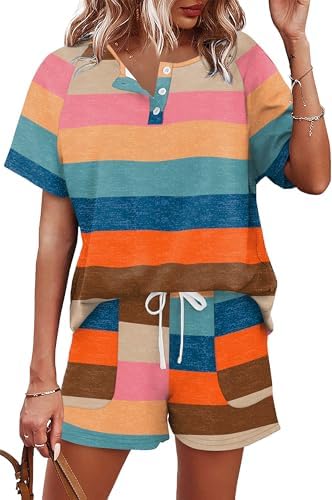 A button-down henley tee and matching drawstring shorts in soft striped orange knit make packing for warm trips simple.
