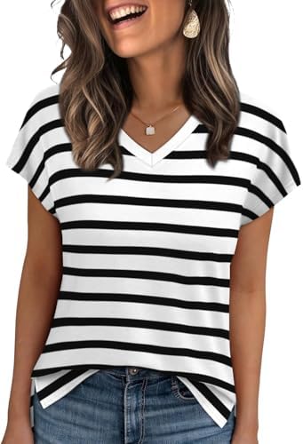 Crisp black stripes give this soft V-neck tee a clean look that pairs naturally with denim shorts or tailored skirts.