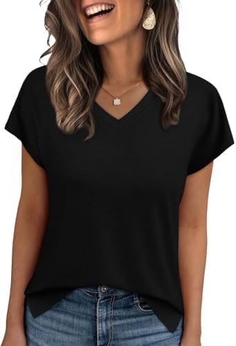 A soft black knit tee with a neat V-neck and split side hems, cut loose for easy pairing with office trousers or denim shorts.