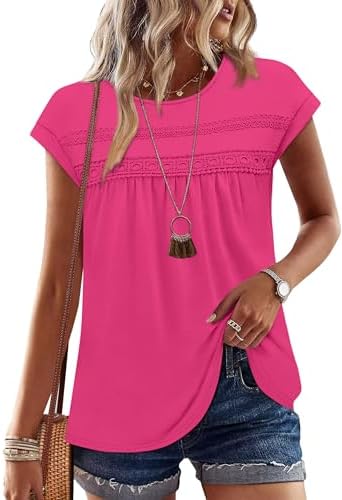 Delicate lace crochet meets an easy peplum cut in bright hot pink, trimmed with cap sleeves for warm summer days.