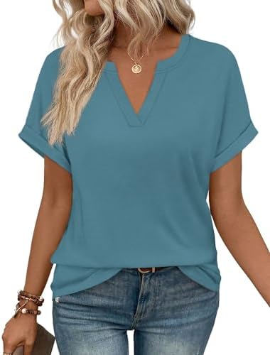 A cool blue-green summer tee cut with rolled cuffs, a neat V-neck, and plenty of ease through the torso.