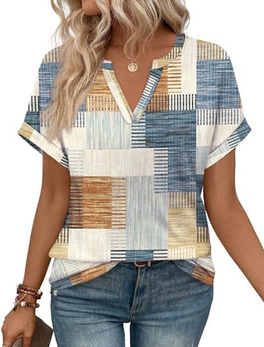 Crisp blue and warm orange checks give this relaxed summer v-neck tee a lively look that works with denim or khaki shorts.