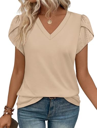 Layered petal sleeves with delicate lace bring a tailored look to this easy khaki short-sleeve top.