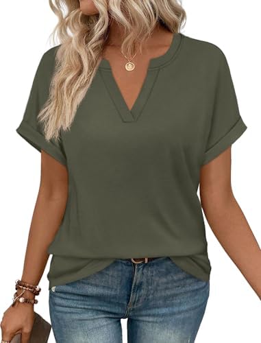 A deep army green shade anchors this easy short sleeve blouse, cut loose in a soft stretch knit with rolled cuffs.