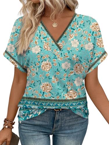 Splashed in cool floral blue, this breezy V-neck top features fixed rolled sleeves and a relaxed cut ready for sunny travels.
