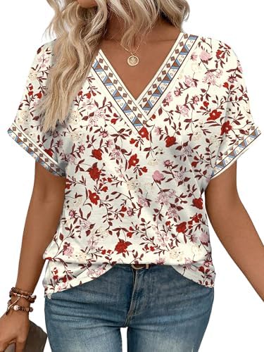 Bright floral red print enlivens this easy summer top, cut with a relaxed drape and rolled short sleeves for warm days.