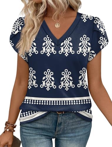 Soft petal sleeves and a rich boho blue print give this stretchy summer blouse an easy, put-together feel.
