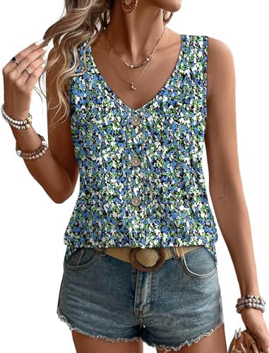 Fresh blue floral patterns mix with airy eyelet texture on this breezy V-neck tank cut for sunny resort days.