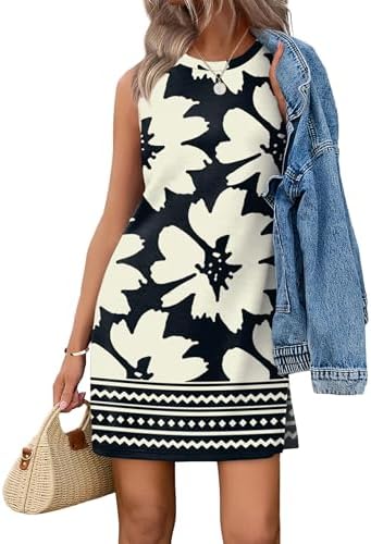 Crisp white blooms over a deep black background turn this soft swing dress into a reliable pick for warm workdays and travel.