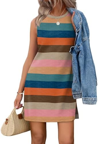 Horizontal bands of bright color turn this soft T-shirt dress into an easy pick for sunny travel days.