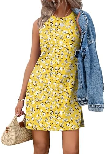 Bright yellow and white patterning gives this breezy knee-length knit dress an easy, sunny feel for warm days outdoors.