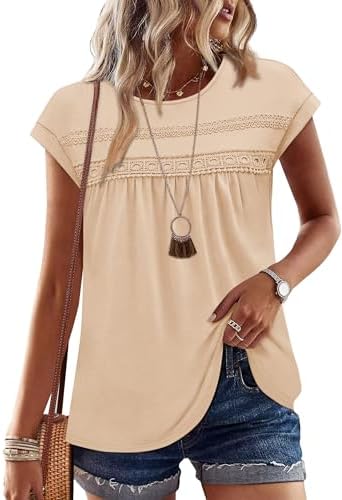 Delicate lace crochet meets an easy peplum cut in warm beige, making this cap-sleeve top a polished choice for warm weekdays.