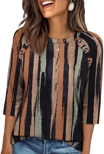 Patterned stripes run across this soft three-quarter sleeve top, finished with delicate front button accents along the neckline.