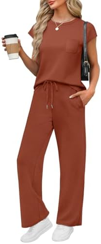 Rich caramel tones define this two-piece spacer knit set, pairing a cap-sleeve crewneck top with flowy, pocketed wide-leg trousers.