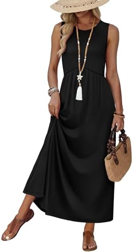A deep black midi cut with an elastic empire waist, wide tank straps, and hidden side pockets for everyday ease.