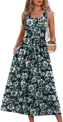 A sleeveless scoop neckline and cool black blue floral print make this midi sundress an easy pick for warm resort days.