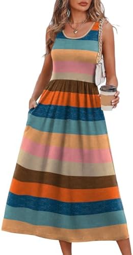 Vibrant multi-colored stripes run across a sleeveless scoop-neck bodice and an easy A-line skirt that hits mid-calf.