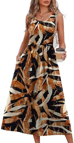 Earthy brown leaf motifs drift across a breezy midi sundress cut with a tank bodice and generous A-line sweep.