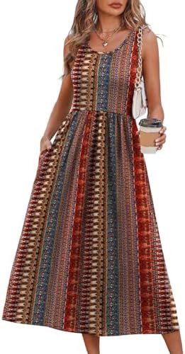 Warm earth tones define this striped sundress, cut with a breezy scoop neck and a swingy skirt for hot afternoons.