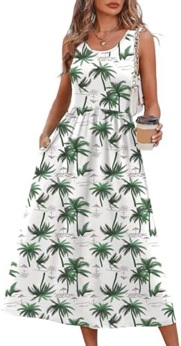 Tropical palm motifs across a breezy midi skirt make this sleeveless sun dress ready for warm shorelines and resort getaways.