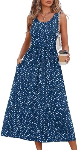 Crisp micro dots on deep navy bring a nautical touch to this breezy, tank-cut midi sundress designed for warm beach days.