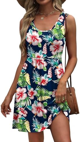 Bright tropical blooms stand out against deep navy on this breezy scoop-neck sundress sewn with side pockets.