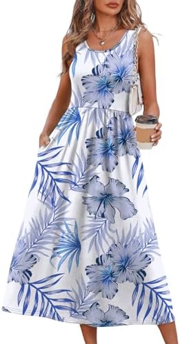 Lush blue botanical motifs cover this sleeveless midi dress, tailored with an empire waist and a flowing A-line skirt.