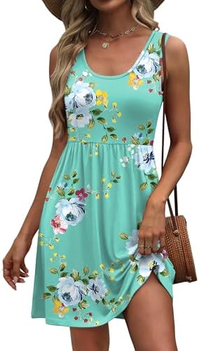 A cool aqua base printed with bright summer botanicals shapes this easy sleeveless sundress with deep side pockets.