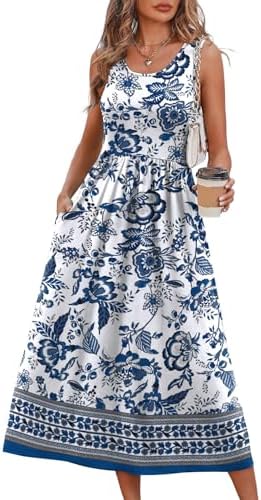 Splashed in a cool blue floral print, this sleeveless midi sundress combines a tank-cut scoop neck with a swishy A-line skirt.