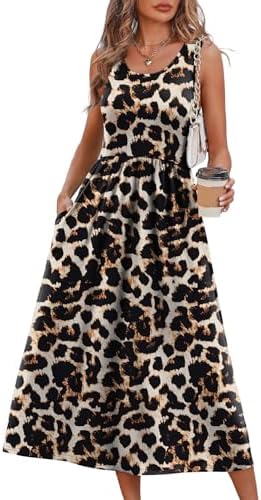 A lively leopard print covers this sleeveless midi sundress, cut with an empire waist and a breezy swing skirt.
