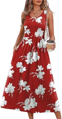 Bright red botanical blooms stand out across this sleeveless midi dress, cut with a gentle empire waist and an airy A-line drape.