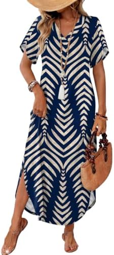 Navy and white horizontal stripes give this breezy knit maxi dress a classic nautical look with deep side slits for easy strides.