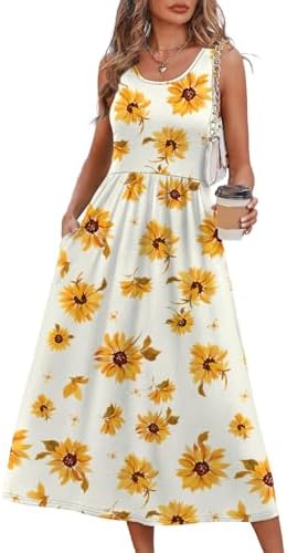 Golden sunflower blooms scatter across a breezy scoop-neck midi cut with a high waist and a wide, fluid skirt.