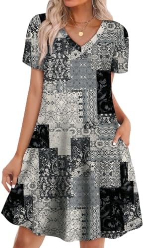 Crisp dark tones and an easy bohemian pattern give this breathable V-neck t-shirt dress a relaxed finish with deep side pockets.