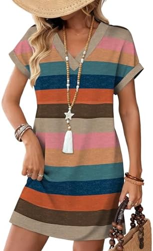 Bright colorful stripes meet an easy t-shirt cut with a subtle v-neck, cuffed sleeves, and side pockets.