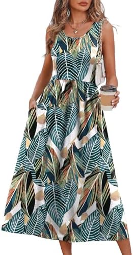 Vibrant multicolored botanical leaves brighten this sleeveless midi sundress, cut with an empire waist and a flowing pleated skirt.