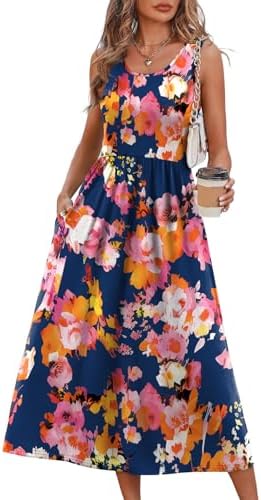 Deep navy grounds blush blooms across this breezy midi sundress, cut with an easy scoop neckline and an airy A-line drape.