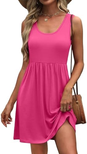A vivid solid pink sleeveless mini sundress cut with a gentle scoop neck, high waist, and hidden side pockets.
