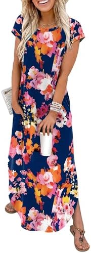 Deep navy grounds vivid red blooms across this soft rayon maxi dress, cut with cap sleeves and a gentle curved hem for warm days.