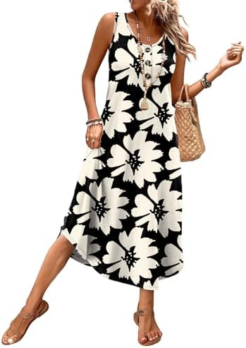 Splashed in crisp black white floral, this airy sleeveless midi dress carries deep side pockets for sunny days out.