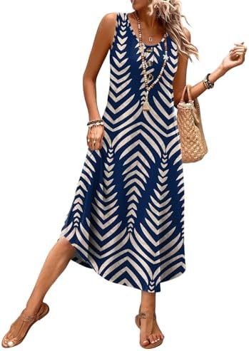 Chevron stripes in deep navy create an easy beachside look on this breezy sleeveless midi sundress with practical side pockets.