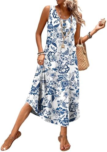 Cool blue botanicals bring a fresh look to this lightweight sleeveless midi cut with deep side pockets.