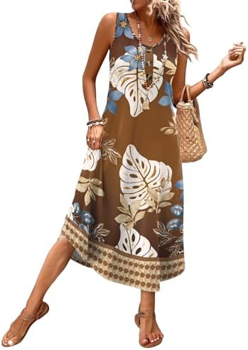 Rich blue foliage sweeps over warm brown on this breezy sleeveless midi dress sewn with deep side pockets.
