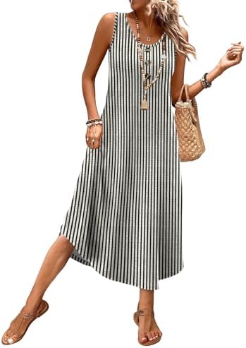 Fine charcoal stripes give this flowy sleeveless midi dress a relaxed seaside look that easily packs into weekend bags.